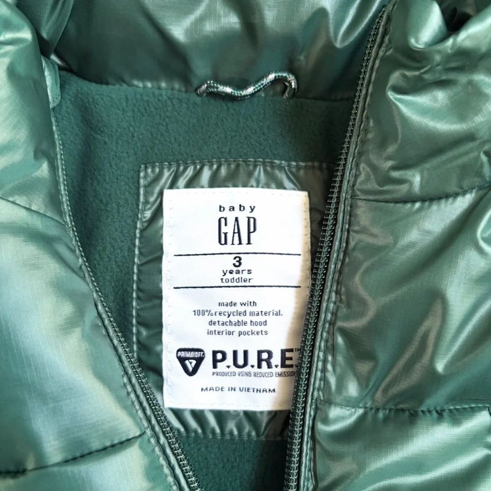NWT Baby Gap Puffer Jacket with Removable Hood Green Toddler 3 Kids Boys Girls